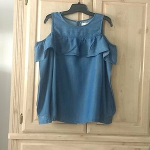 Cold Shoulder Ruffled Chambray Blouse